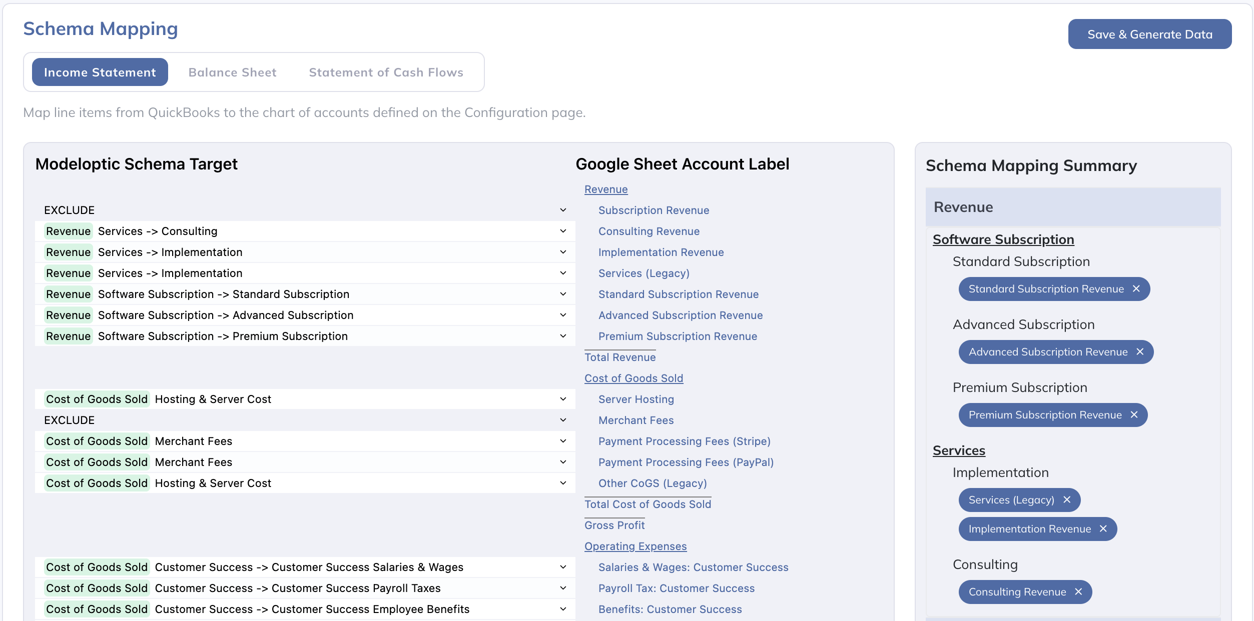 Modeloptic's Schema Mapping page mapping accounting-system line items onto the model's chart of accounts, with a mapping summary panel on the right