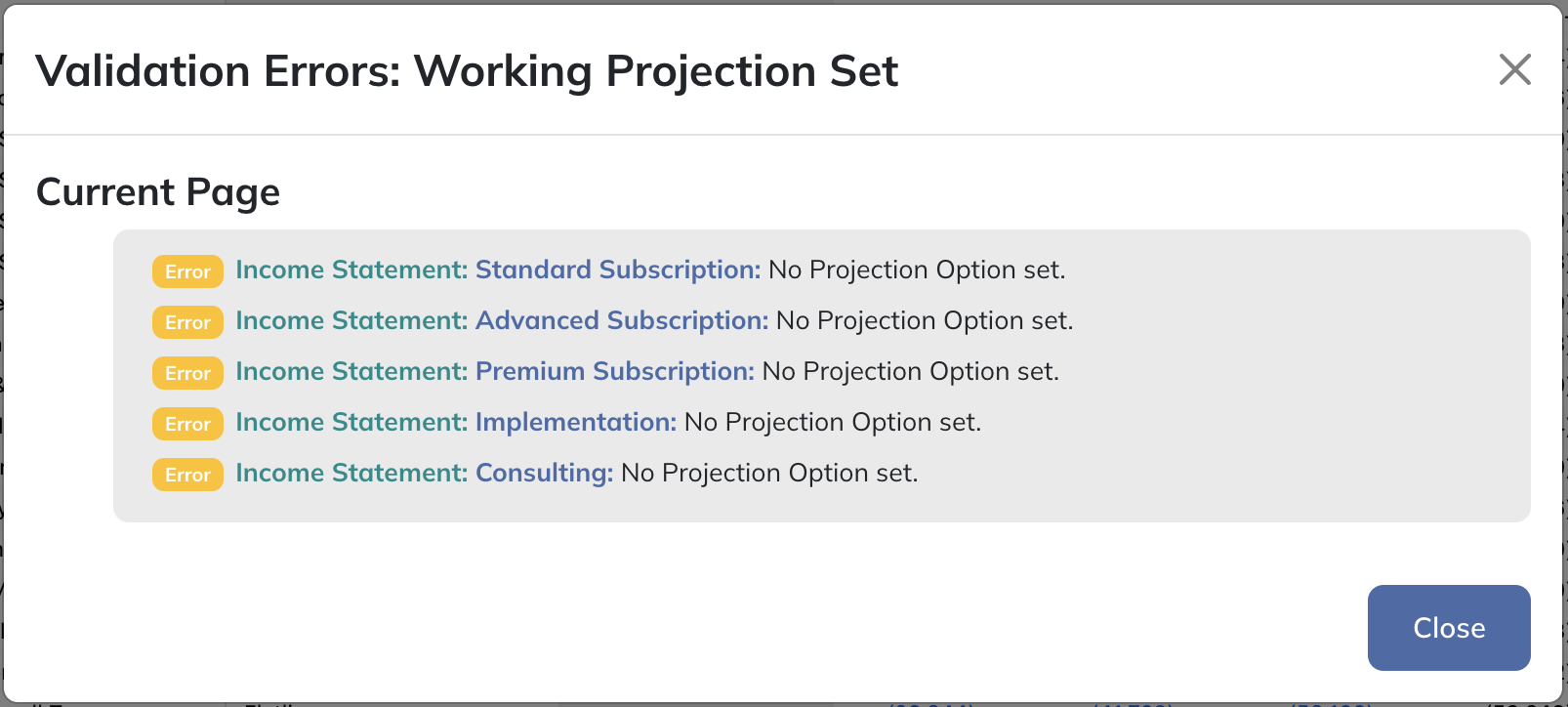 Modeloptic's Validation Errors modal listing five income statement lines that have no projection option set