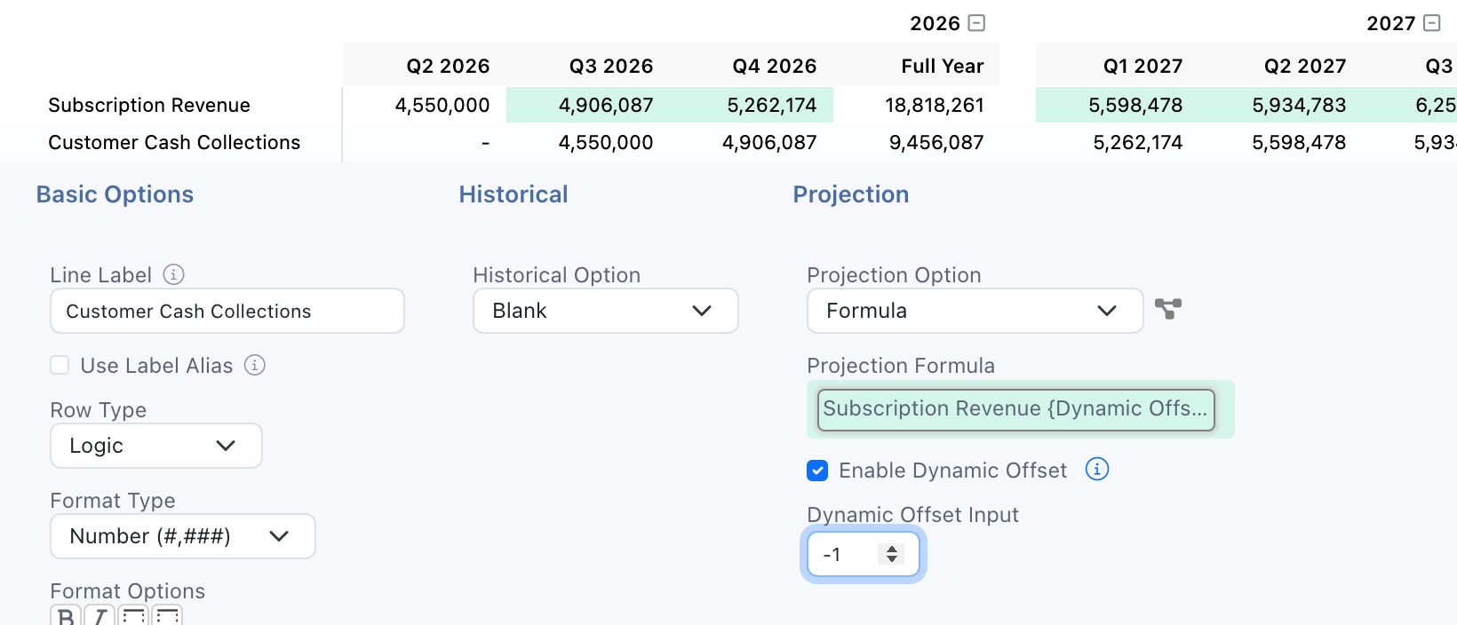 A Customer Cash Collections row whose projection formula references Subscription Revenue with a dynamic offset. Enable Dynamic Offset is checked and Dynamic Offset Input is set to -1, so each period's collections equal the prior period's subscription revenue.