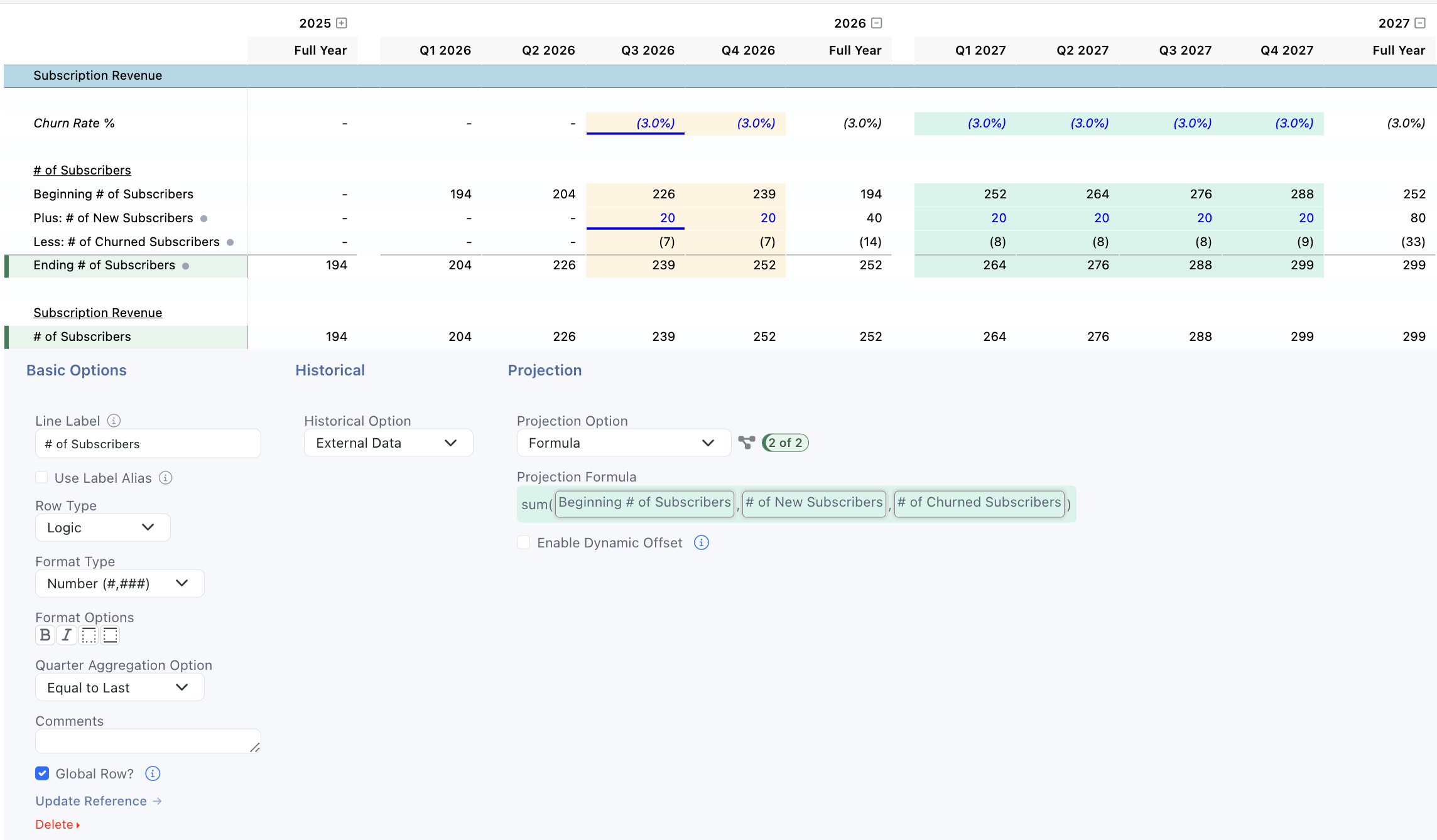 A Subscription Revenue View in which the same Logic Row appears twice: as Ending # of Subscribers at the bottom of the subscriber roll-forward, and as # of Subscribers under the Subscription Revenue header. Both placements show identical values, and the row's settings panel shows a 2 of 2 placement badge next to the Projection Option.