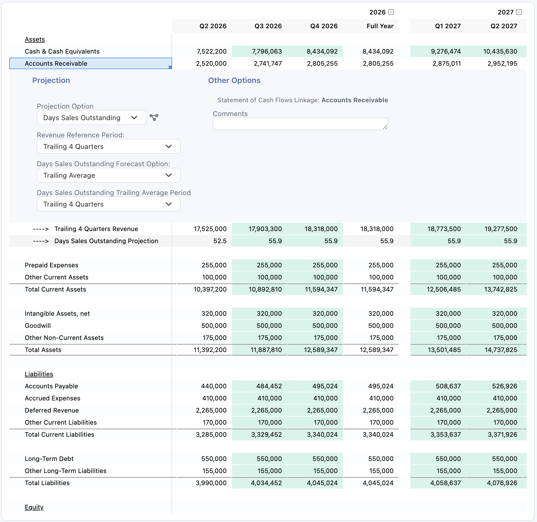The imported balance sheet with starting projection logic