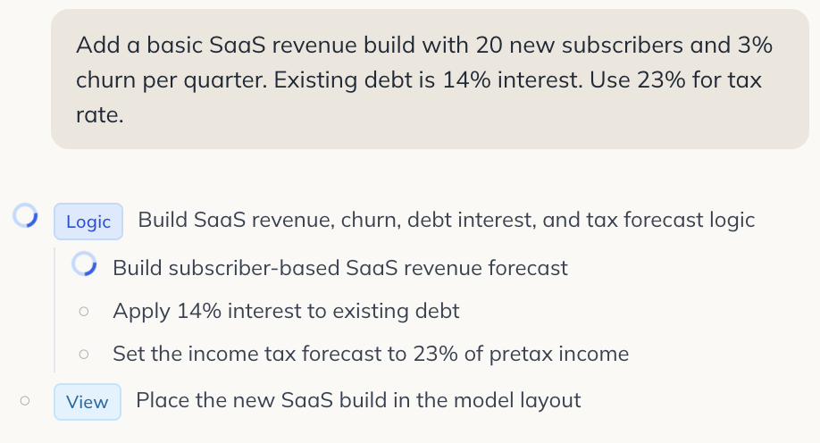 The agent's in-progress task list for the operating forecast