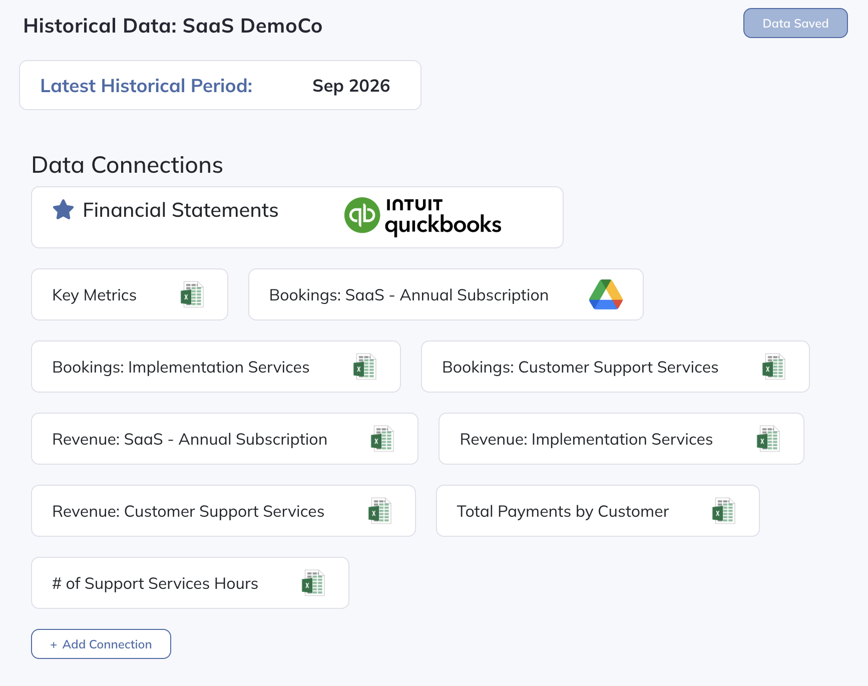 Choose a financial data connection and review its refresh status.