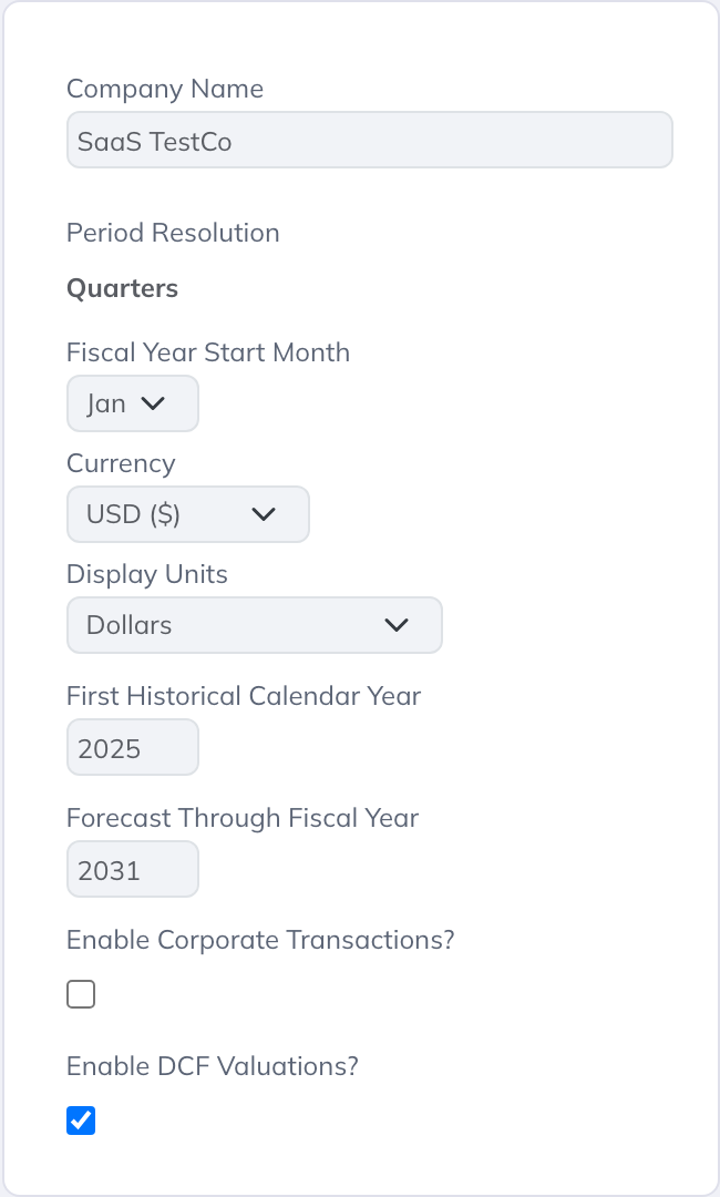 SaaS TestCo uses native quarters. Set the company name, currency, display units, and model time frame in General Options.