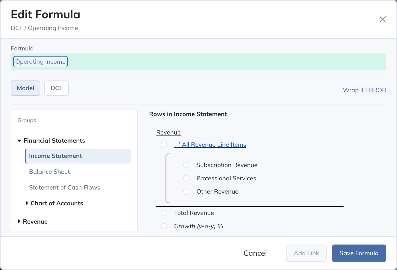 Use Model to select model rows or DCF to select valuation sources. The formula keeps the selected input’s name visible.