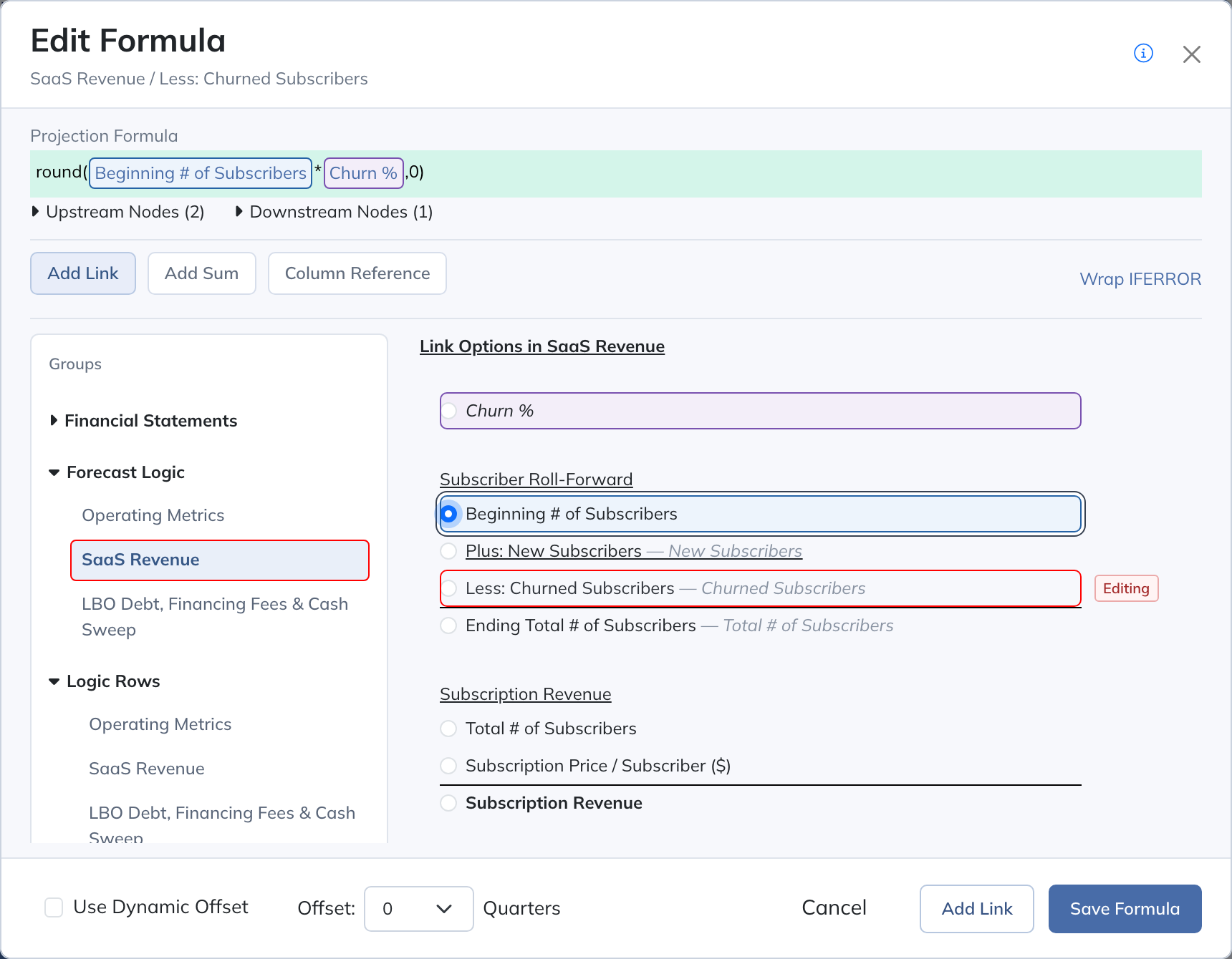 Select a source row, then choose Use Dynamic Offset in the footer to use the row’s configured offset, measured in native periods.