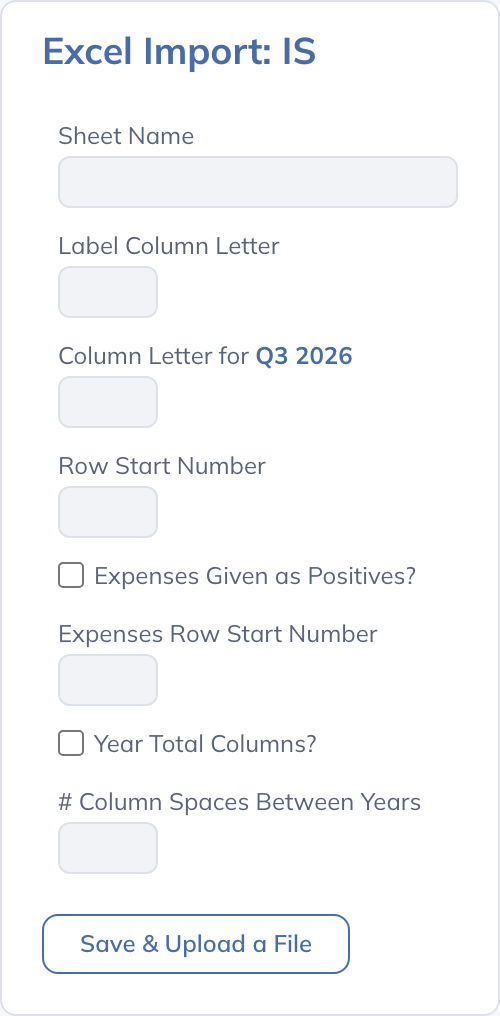 Match the Income Statement worksheet layout before selecting the forecast file. Balance Sheet and Cash Flow use their own import cards. This example uses quarterly periods.