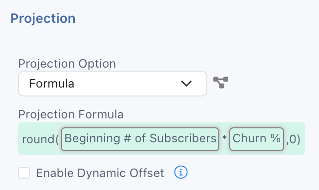 Choose Formula as the Projection Option, then select Projection Formula to edit the calculation. The adjacent dependency control shows where the row is used.