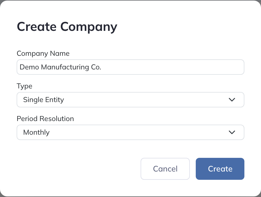 Create Company dialog with Company Name, Type, and Period Resolution fields.