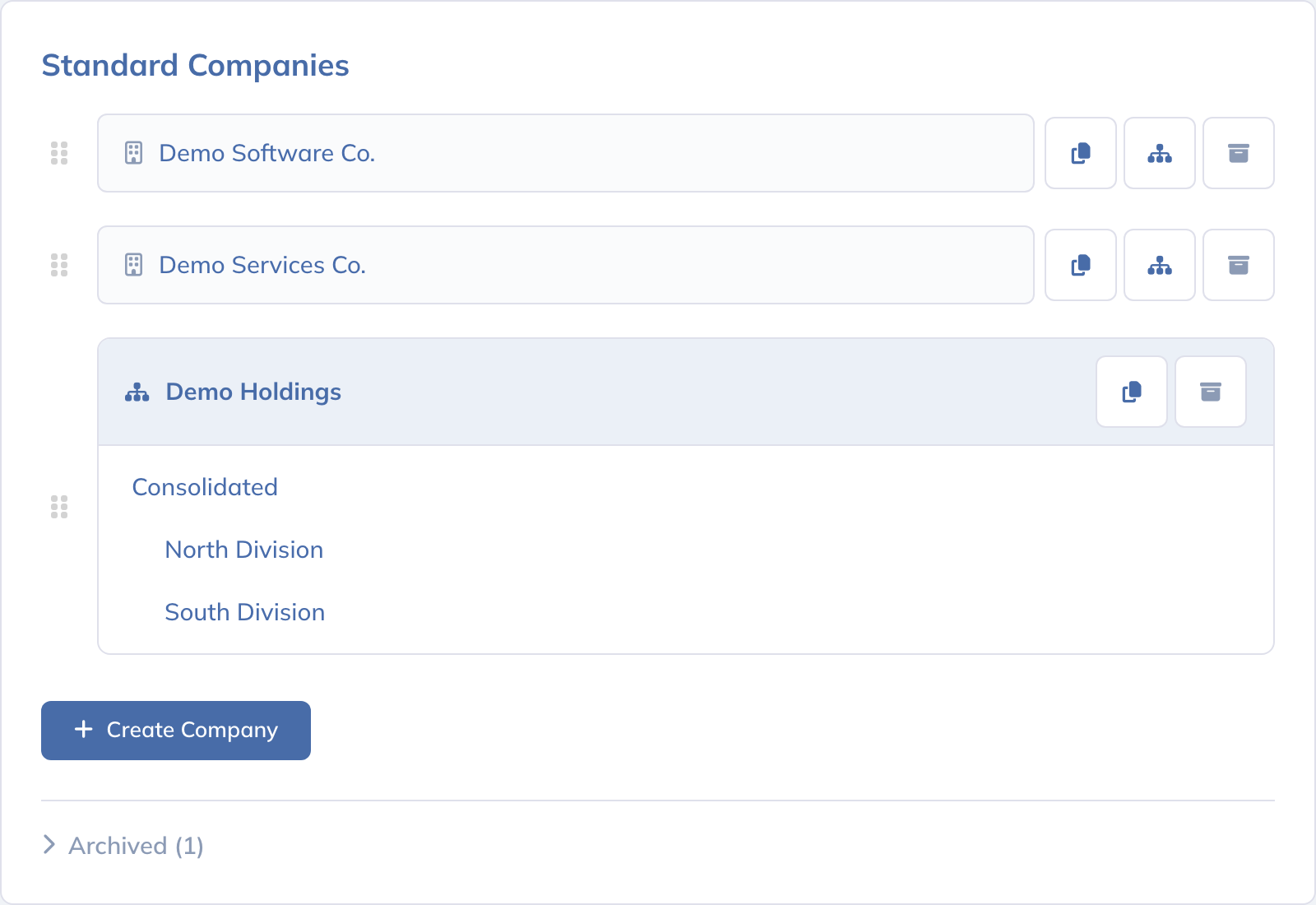 Company Selection Lobby with demo single-entity companies, a multi-entity company, drag handles, company actions, and Create Company.