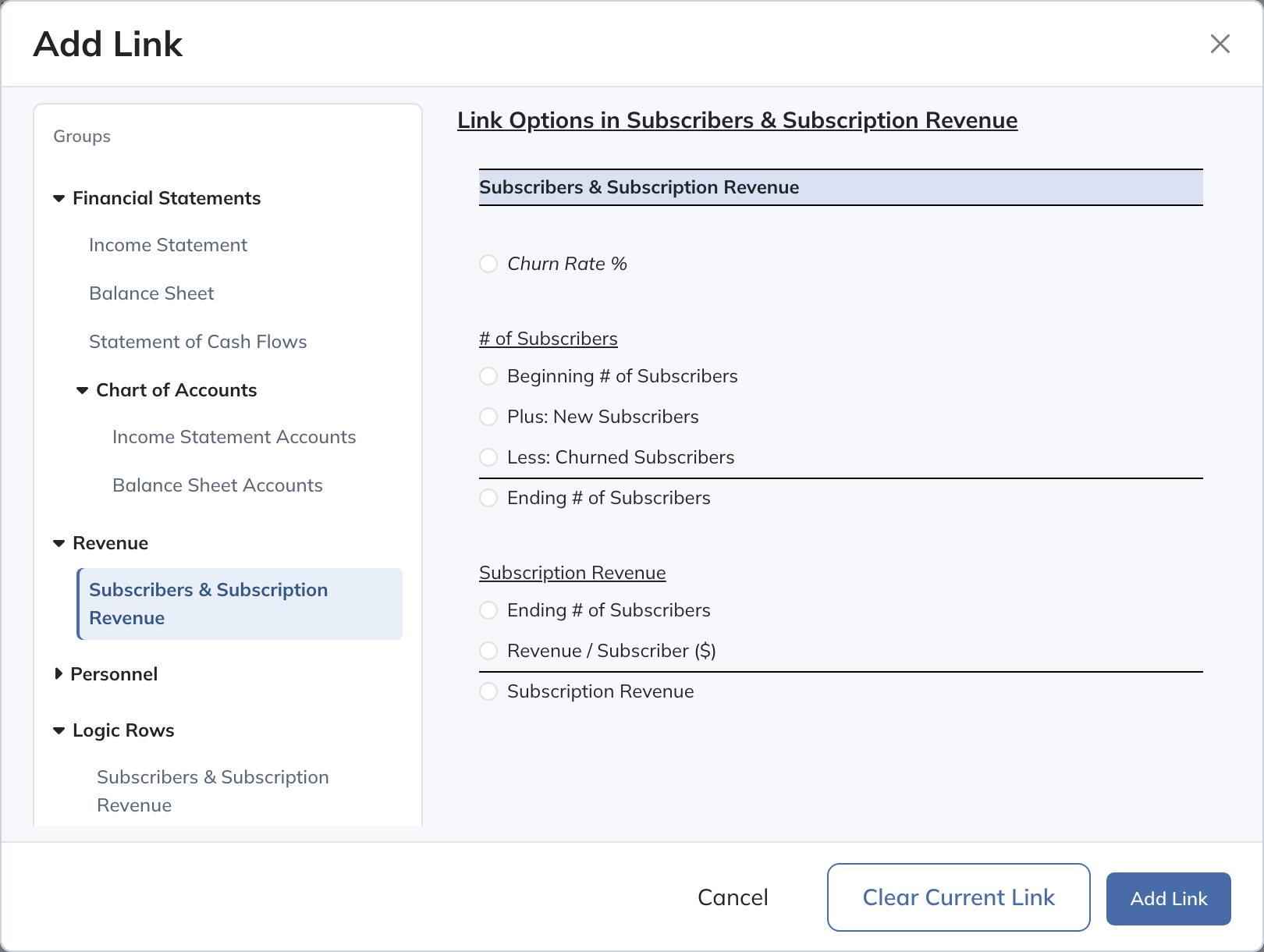 Choose the global Subscribers & Subscription Revenue View, then select a row. The report’s Projection Set and period controls determine its value.
