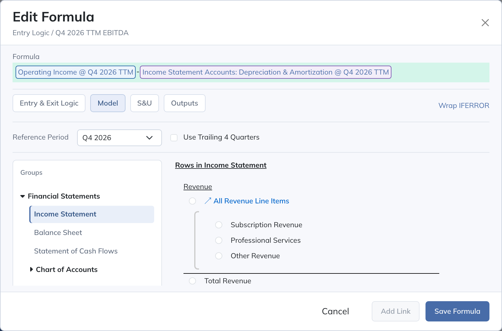 Use Model to select a model source and reference period inside the Transaction formula editor.