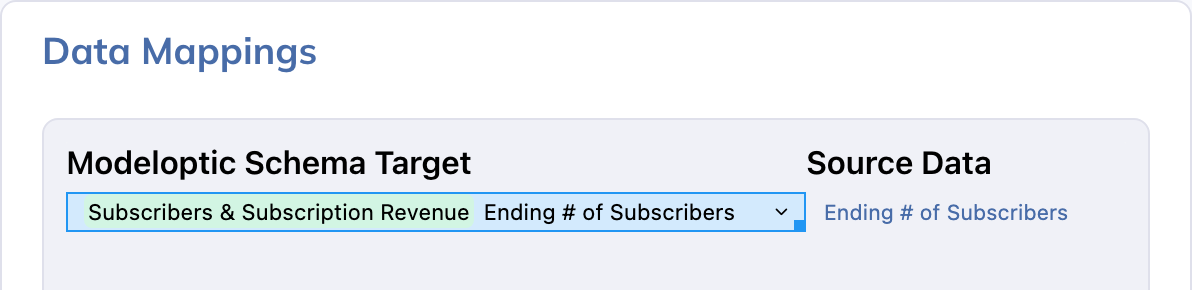 Data Mappings pairs each source metric with a target Logic Row. The same target/source mapping pattern is used for Excel and Google Sheets connections.