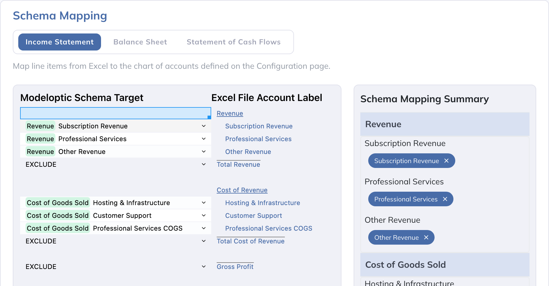 Map source financial accounts to Modeloptic targets, then review the separate mapping summary.