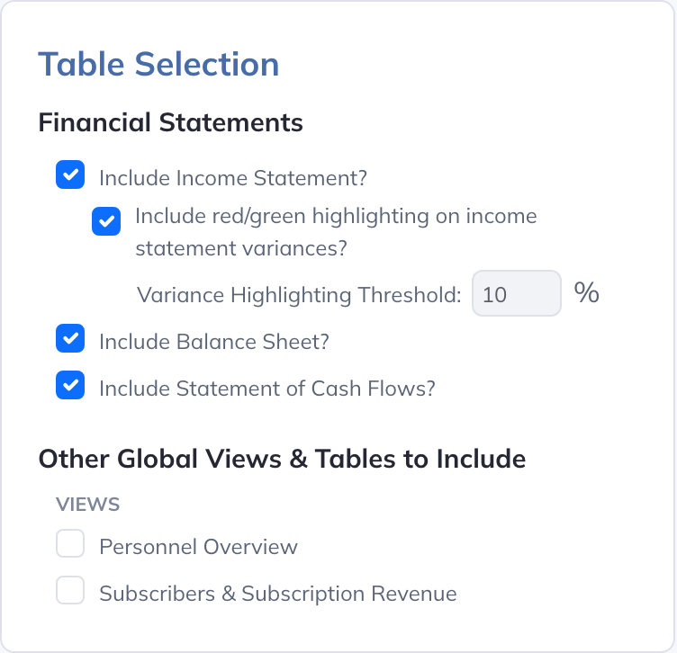 Table Selection includes financial statements and eligible global Views available in this company.