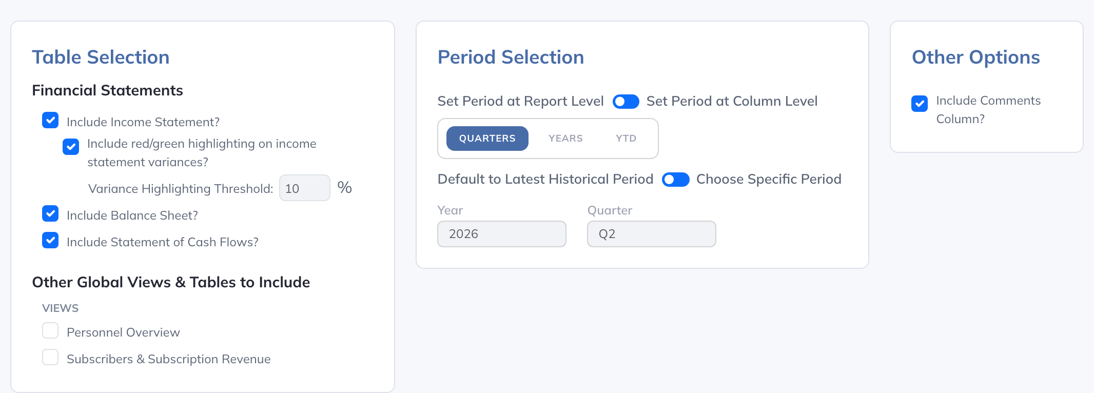 Report settings choose statements, global Views and Collection Tables, period selection, and comments. This example uses native quarters.