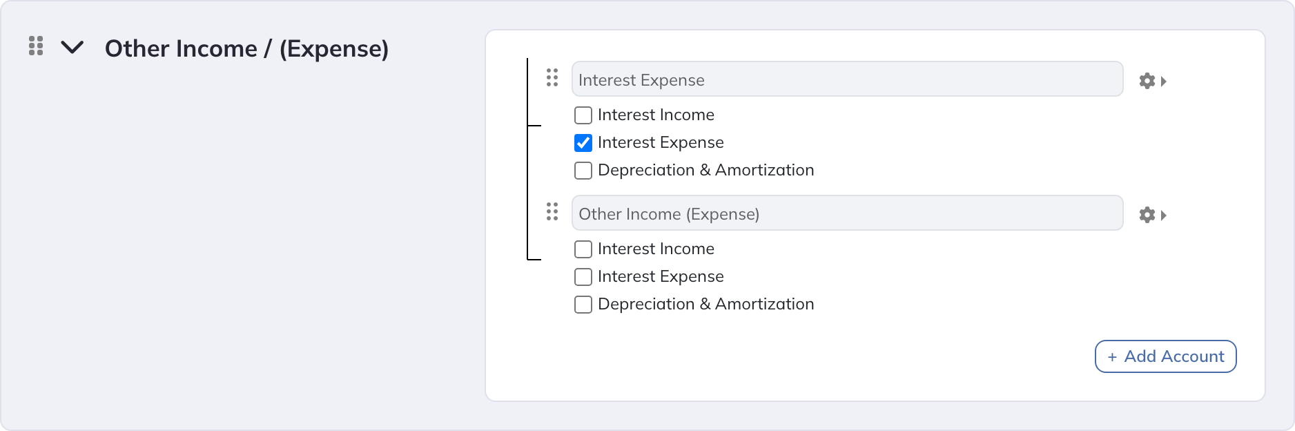 Configuration's Other Income / (Expense) section shows named accounts with Interest Income, Interest Expense, and Depreciation & Amortization checkboxes beneath each account.