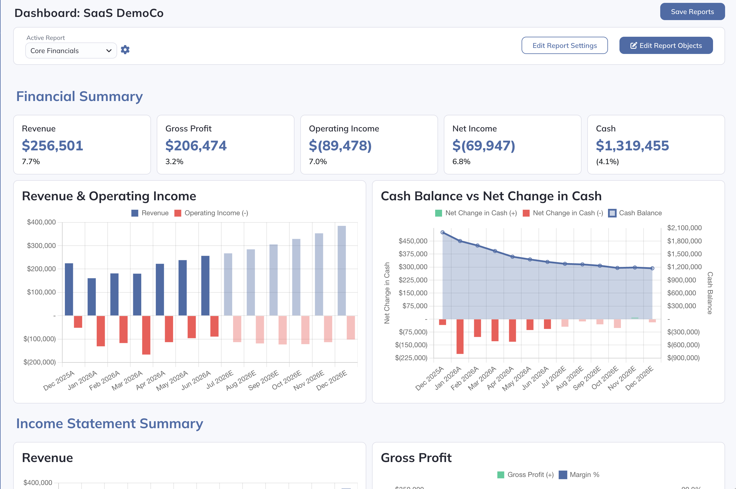 Choose a Dashboard report to inspect or edit its objects.