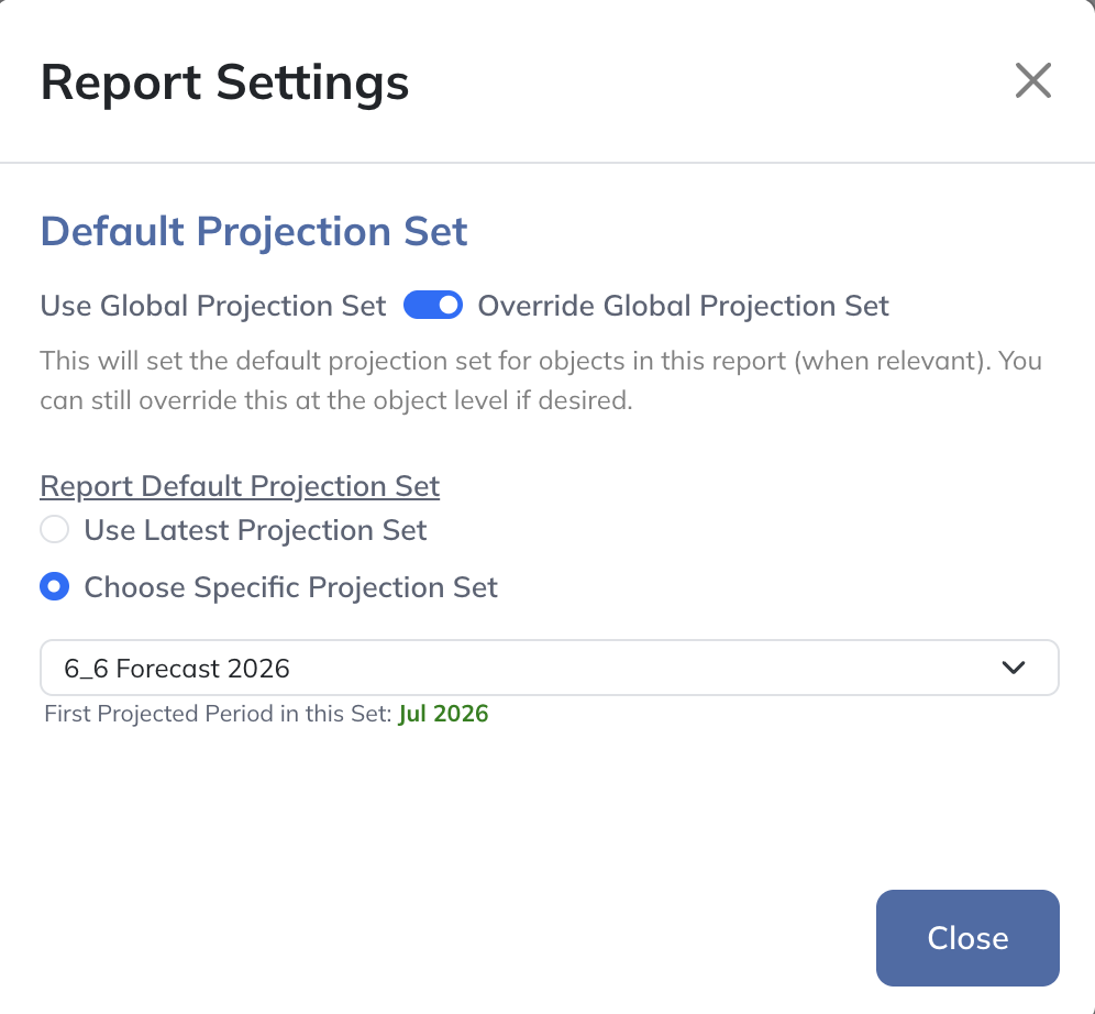 Set a report default or override the Projection Set for an individual object.