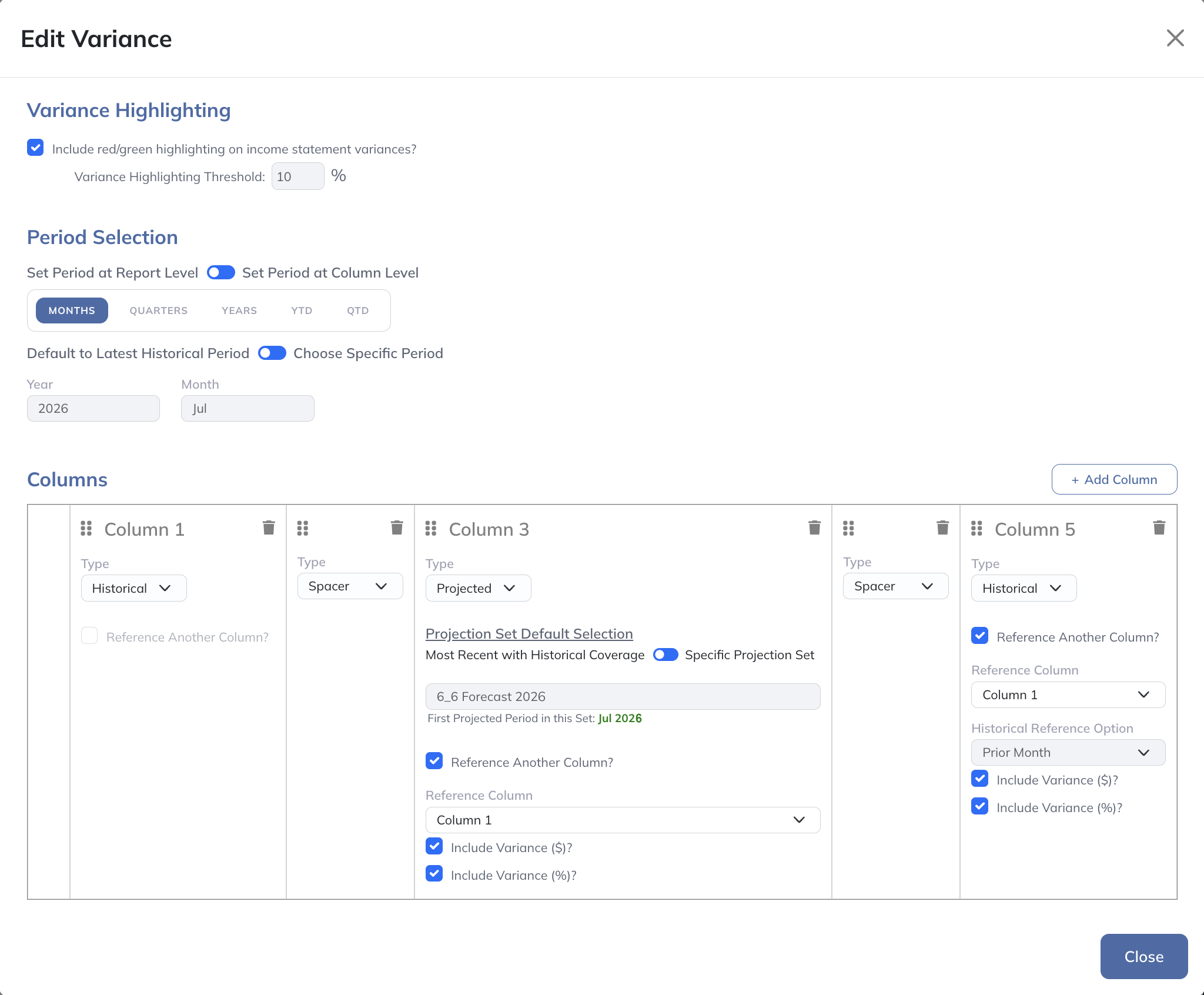 Configure a report object to compare actuals and forecasts.