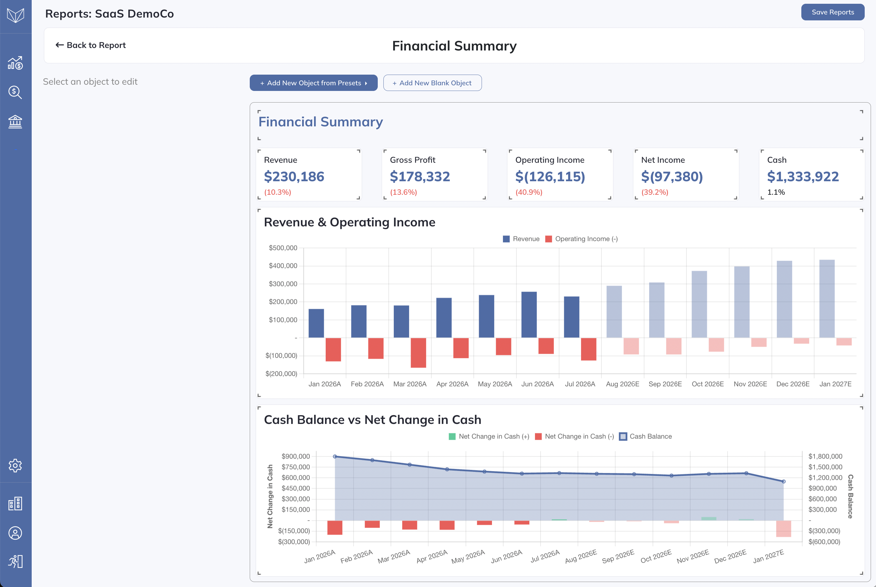 Add, reorder, and manage the pages of a report.