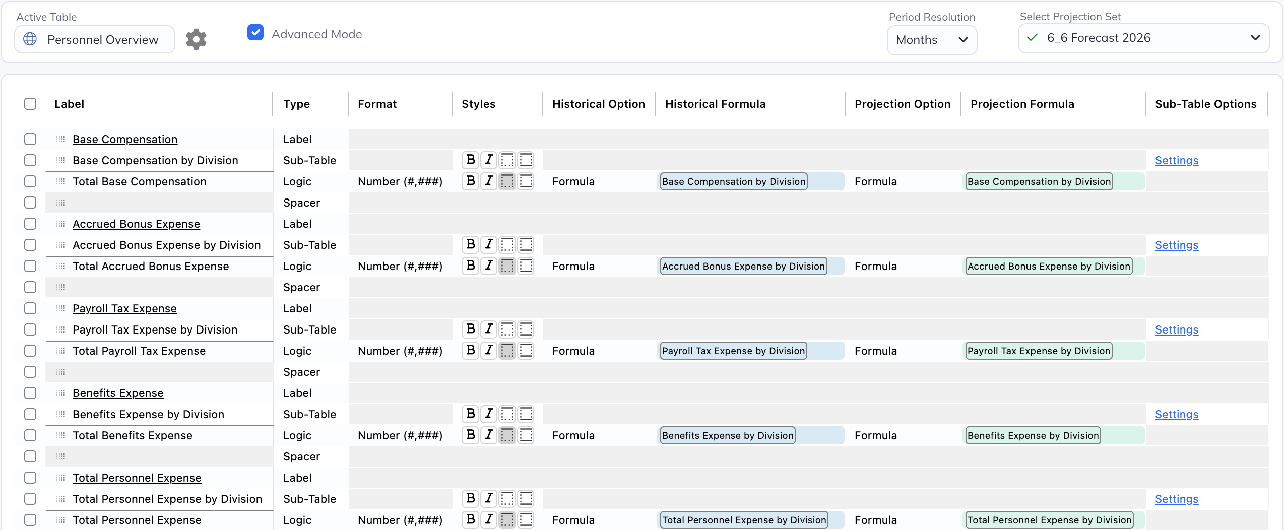 In Advanced Mode, choose Sub-Table as the View row’s line type.