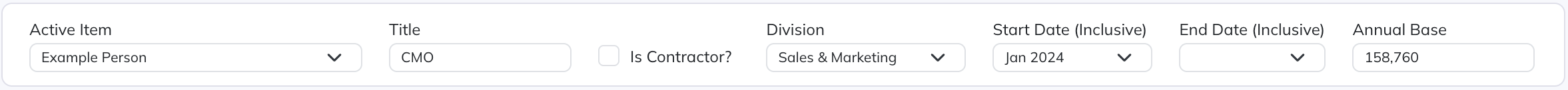 The Active Item selector, followed by the selected person’s Title, Is Contractor?, Division, start and end dates, and Annual Base.