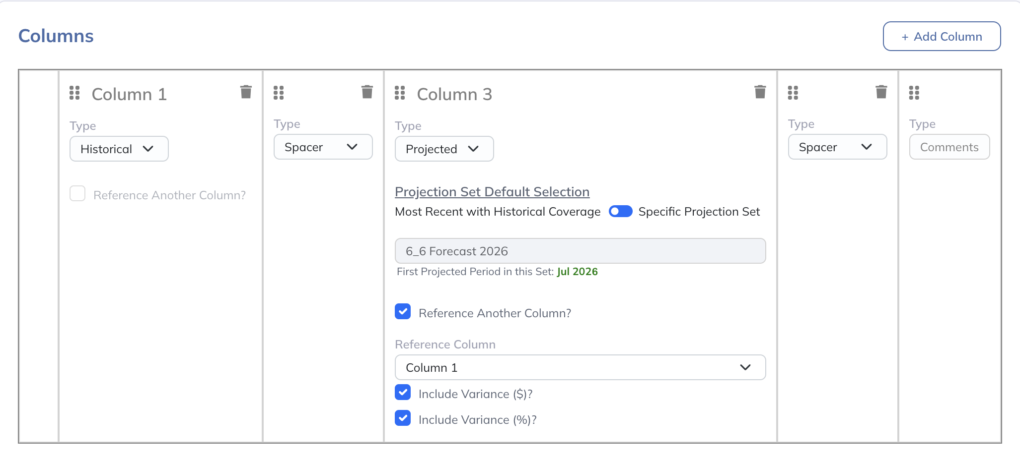 Choose each Variance column’s values, comparison, and Projection Set.