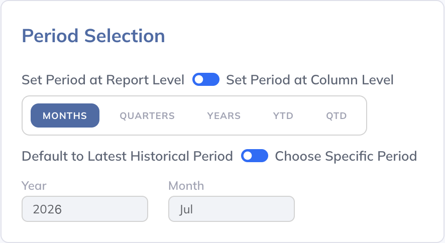 Choose financial statements, global Views, Collection Tables, and period settings for the report.