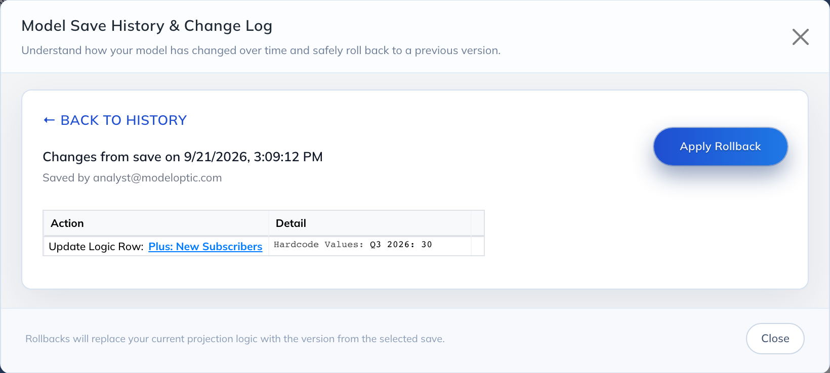A saved change sets new subscribers to 30 for Q3 2026; Back to history and Apply Rollback are available.