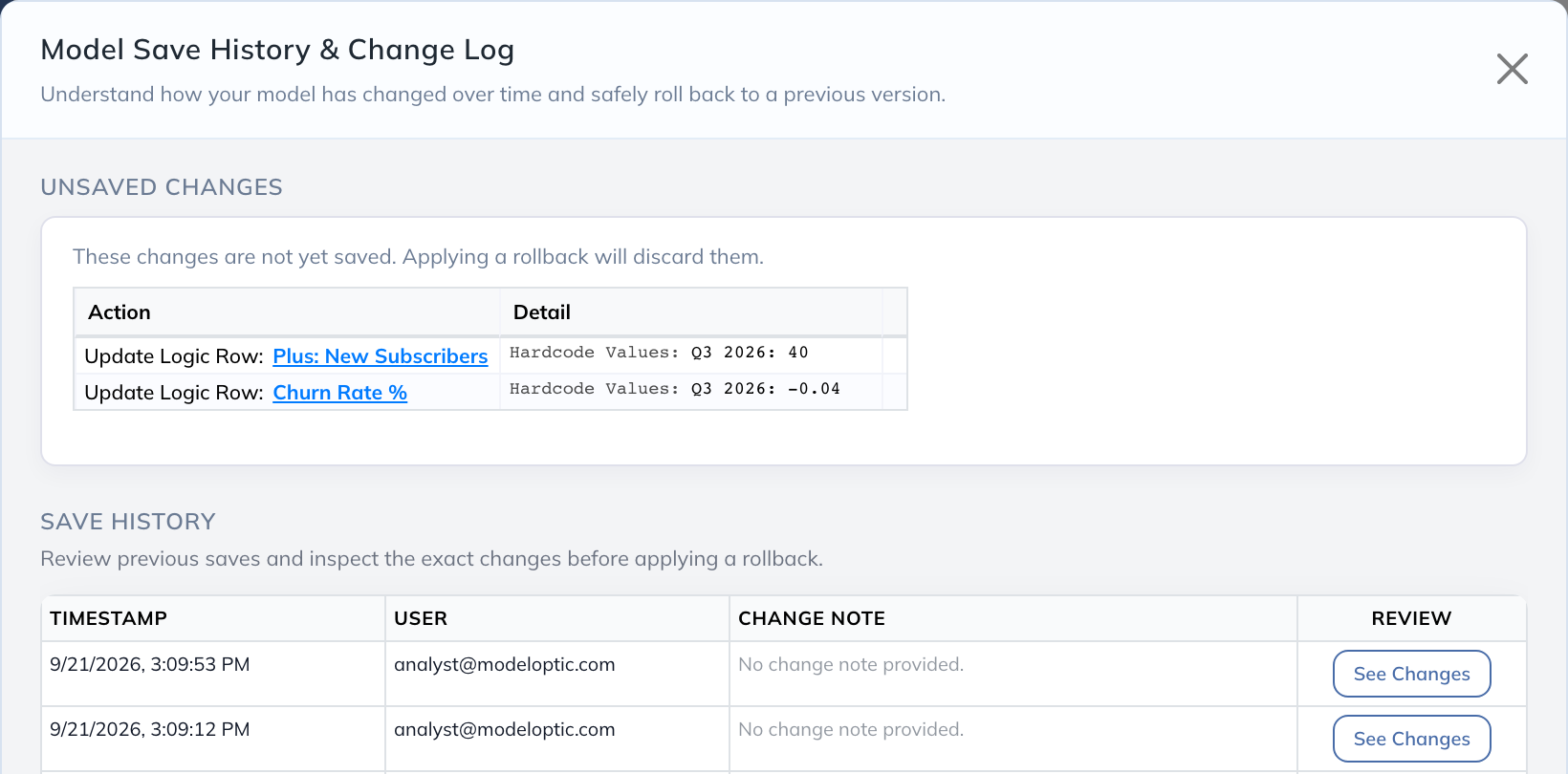 Unsaved changes to new subscribers and churn appear above the selected Projection Set's saved versions.