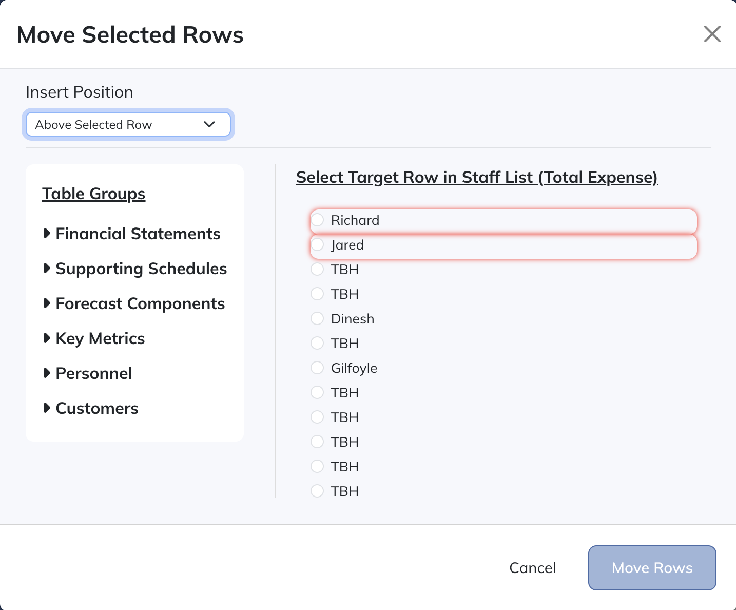 Move selected Collection Table rows to the chosen table and position.