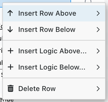 Review row insertion, cloning, and deletion actions in the Advanced Mode menu.