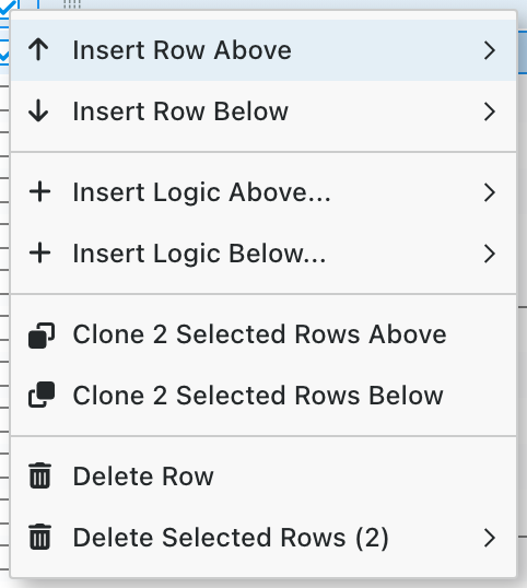 Review row insertion, cloning, and deletion actions in the Advanced Mode menu.