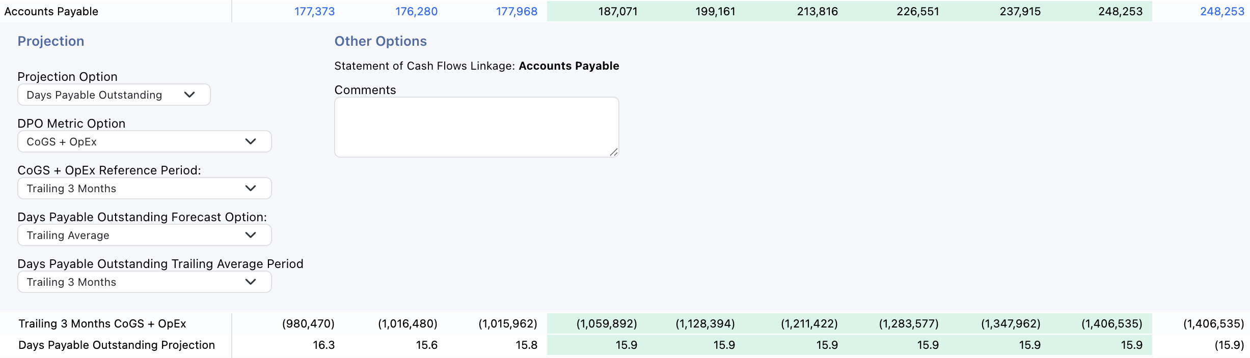 Choose reference expenses and a DPO assumption to forecast payables.