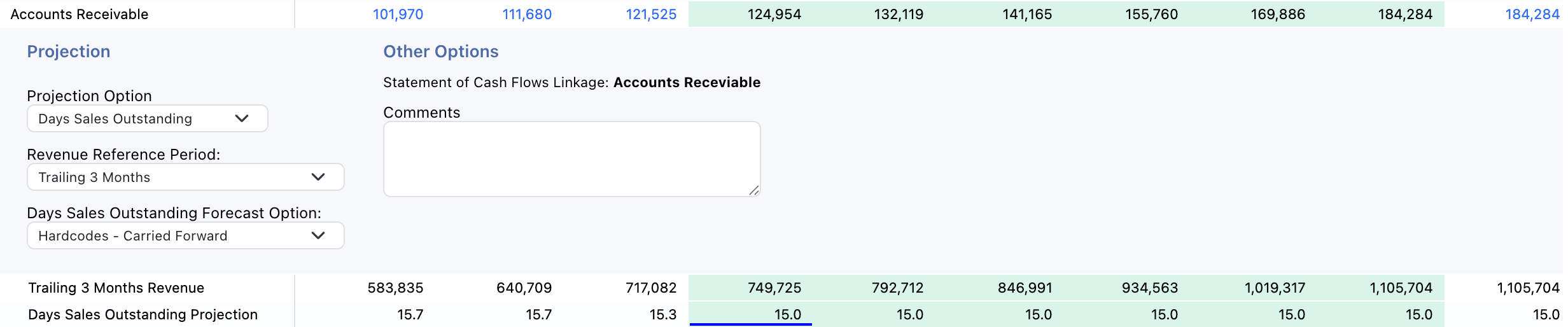 Use a revenue reference period and a DSO assumption to forecast receivables.