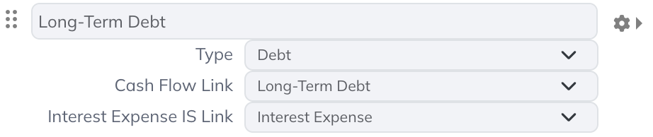 Link Debt movements to a cash-flow account and interest expense to an Income Statement account.
