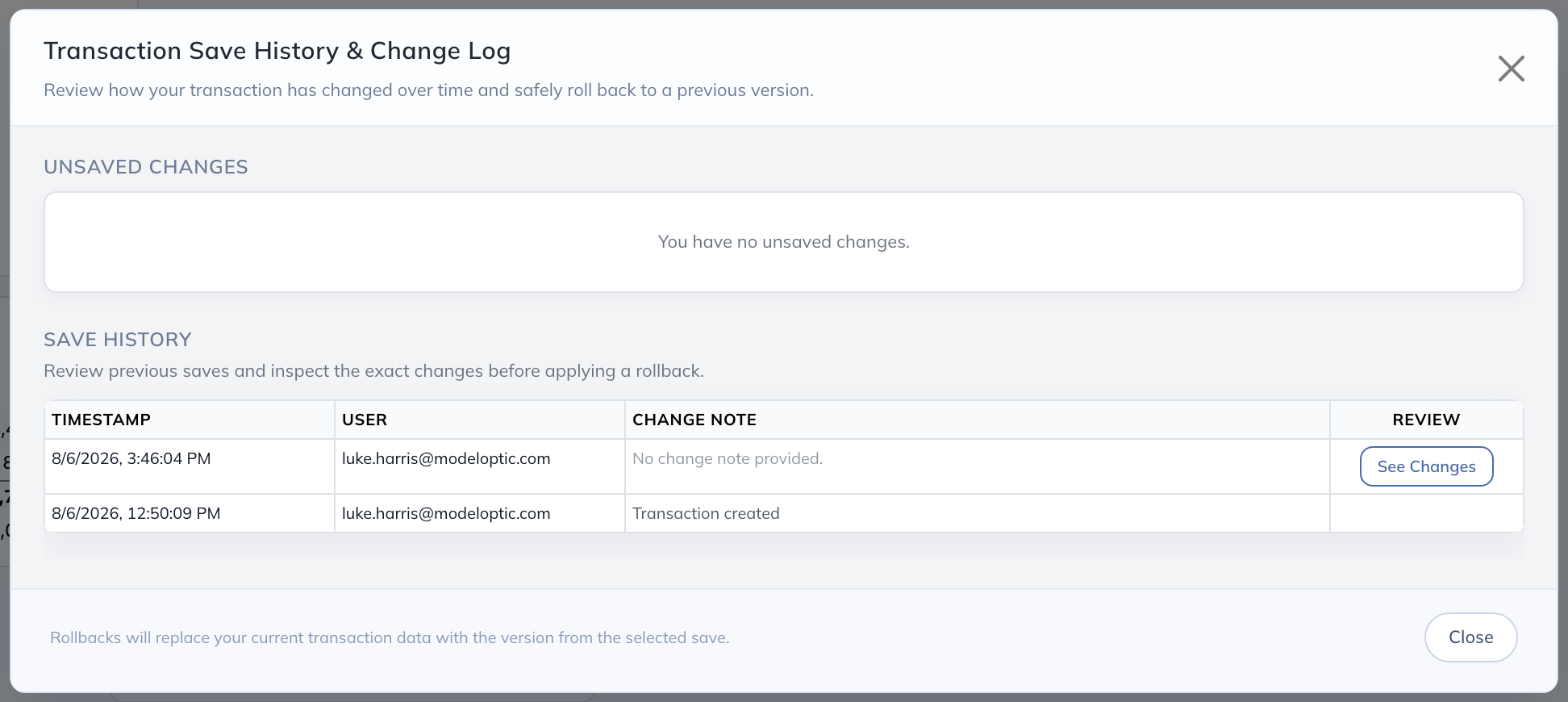 Inspect prior saves and their changes before applying an area-specific rollback.