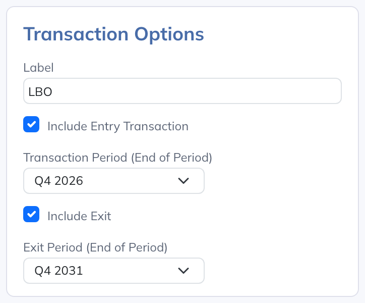 Set the transaction’s entry and exit periods and enabled components.