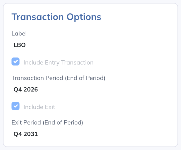 Set the transaction’s entry and exit periods and enabled components.