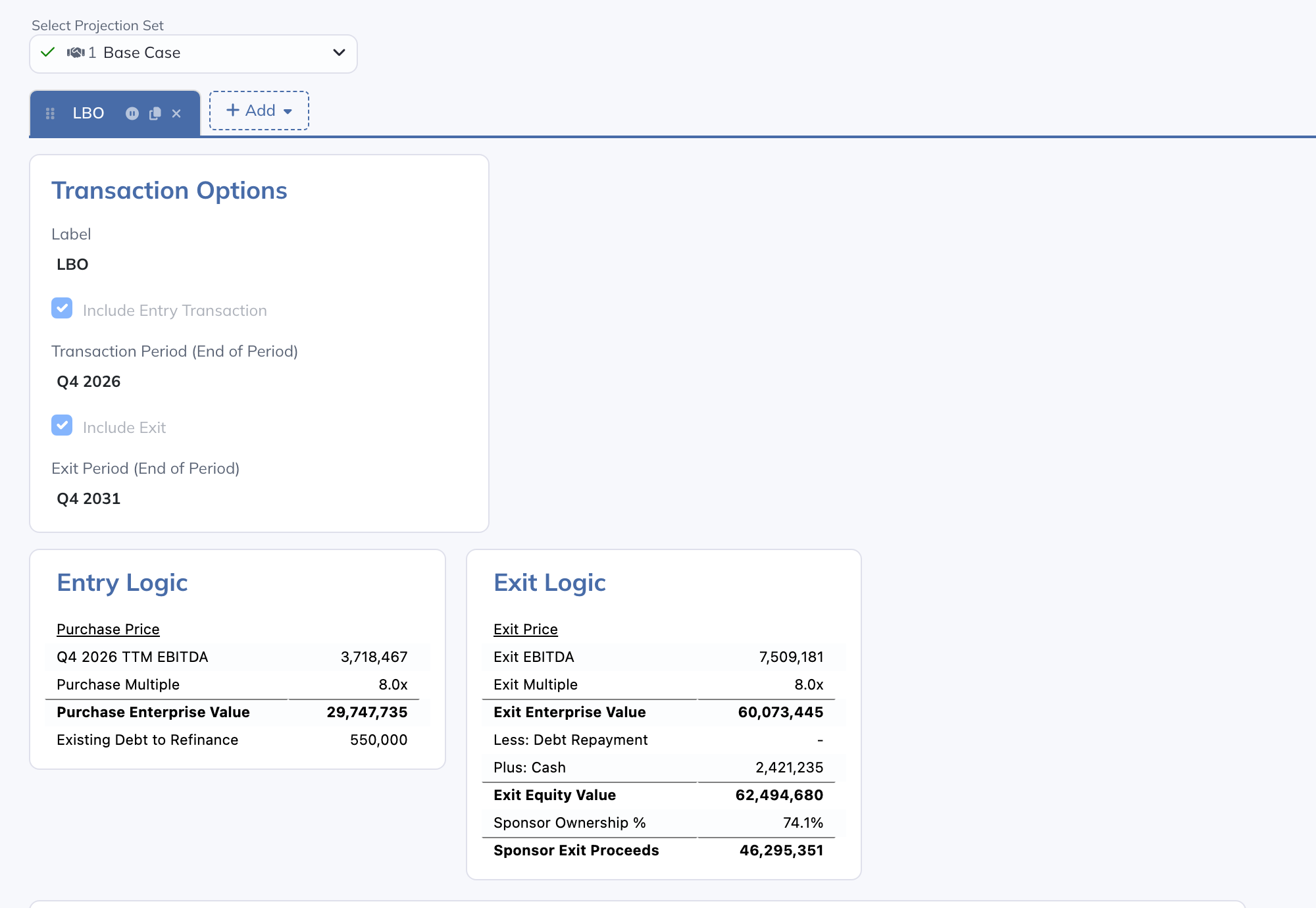 The Transaction page shows the deal’s assumptions, funding, adjustments, and outputs.