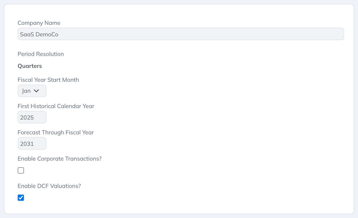 Enable DCF Valuations in Configuration when the company and account support it.