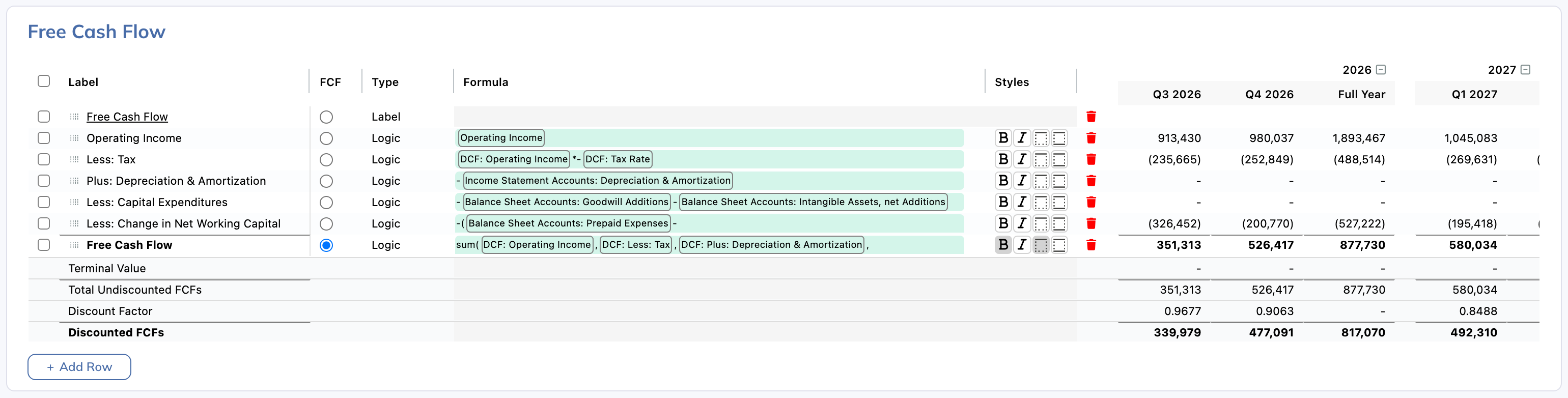 Select the FCF row and review how it feeds discounted cash flows.