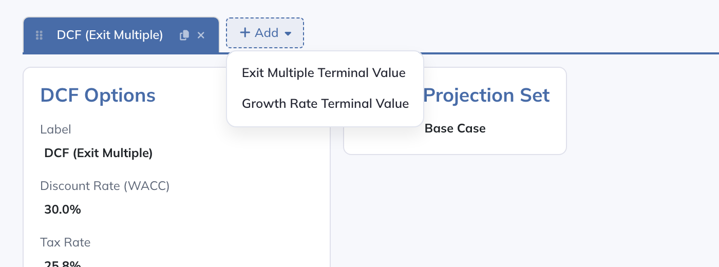Create, clone, reorder, or select DCF scenarios.