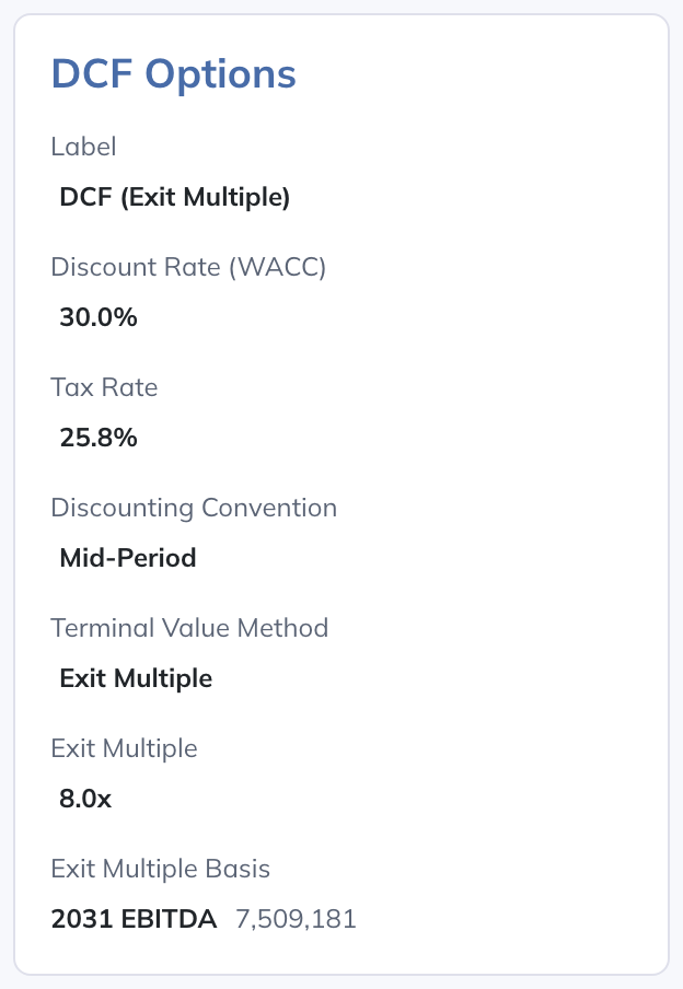 Set discounting, tax, terminal-value assumptions, and the chosen FCF row.