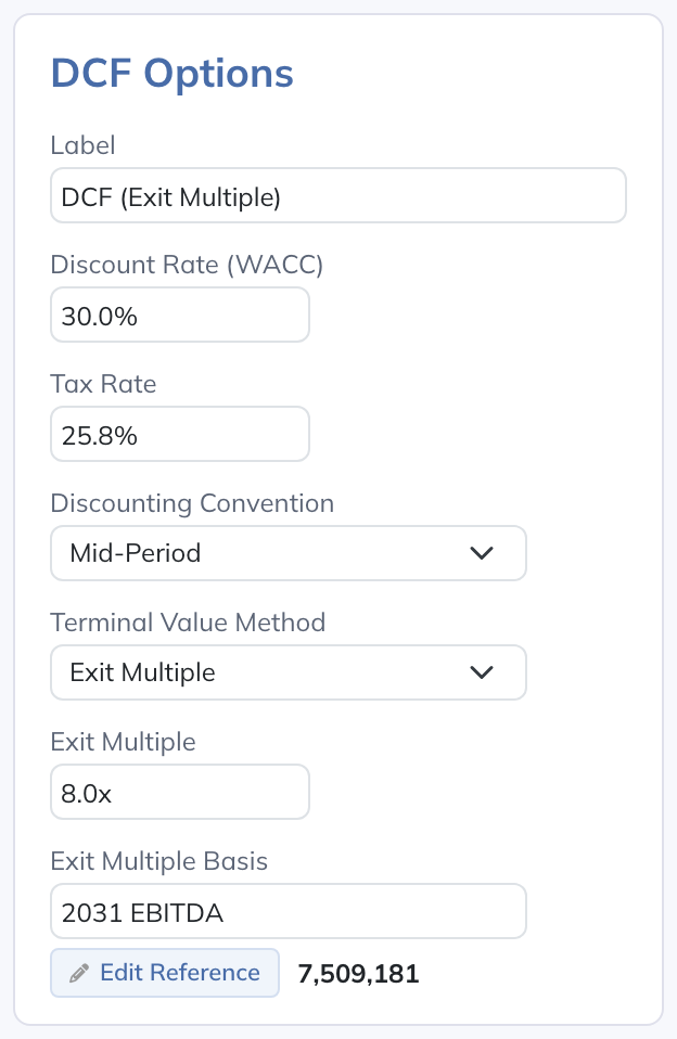 Set discounting, tax, terminal-value assumptions, and the chosen FCF row.