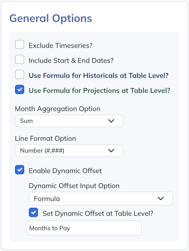General Options with Enable Dynamic Offset checked, Formula as the Dynamic Offset Input Option, Set Dynamic Offset at Table Level? checked, and Months to Pay as the label.