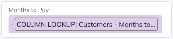 A table-level Months to Pay formula above the table, using a Column Lookup of each customer’s Months to Pay.