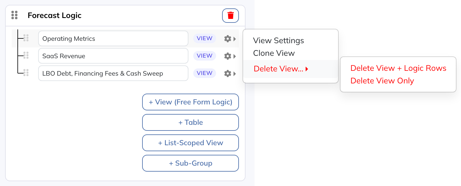 Delete View Only preserves its rows; Delete View + Logic Rows can also remove rows used by formulas.