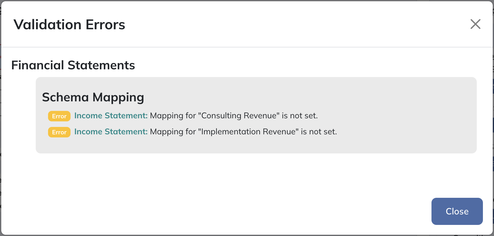 Review financial-statement validation after saving or refreshing a connection.